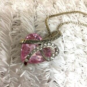 NWOT Silver Tone Box Chain & Pendant Large Pink Heart Crystal I Love You Forever
